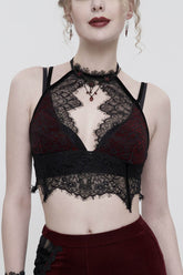 Lingerie gothique sexy pour femmes avec découpe poitrine en velours rouge, dentelle, fermeture éclair latérale cachée et licou
